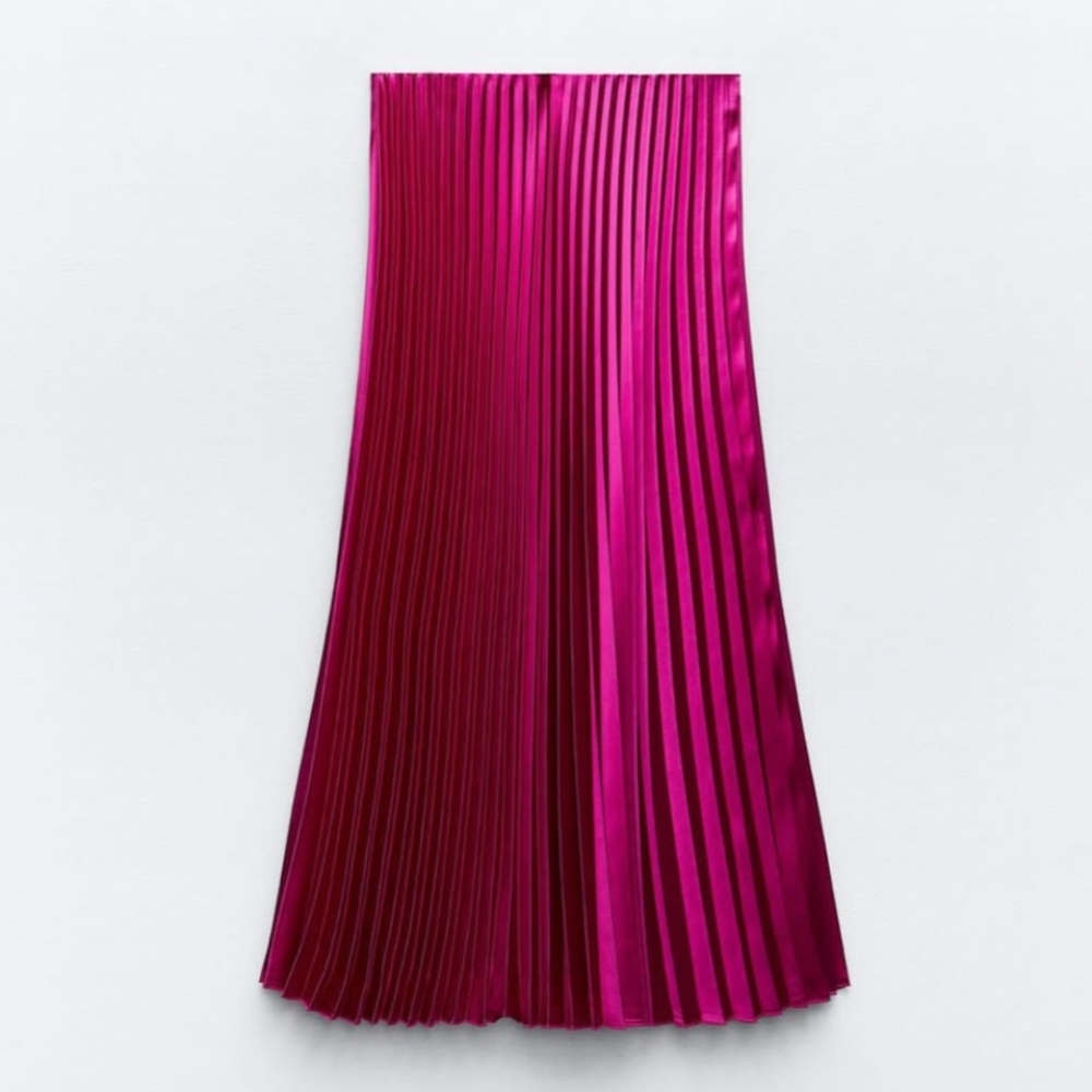 ZARA SATIN EFFECT PLEATED MIDI SKIRT FUCHSIA PINK M L NWT elastic waist - Picture 8 of 9